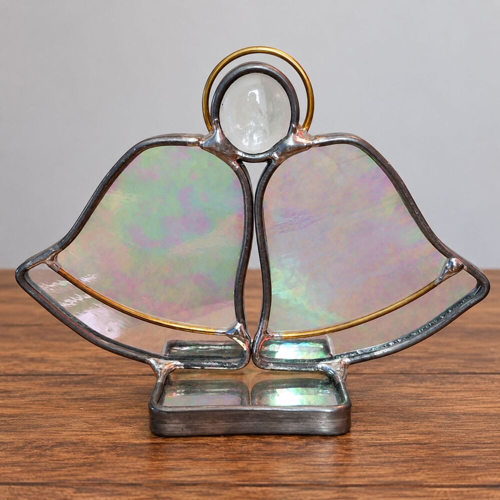 Stained Glass Angel Figurine 3" Iridescent Wings Freestanding Christmas Decor